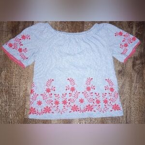 Talbots Floral Embroidered Blue/White Zala Stripes Top, Size XS